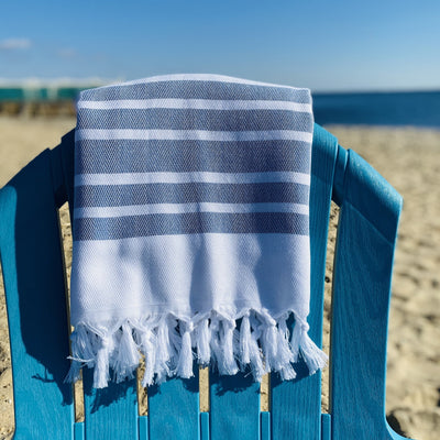 Royal Blue & White Agatha Herringbone Peshtemal Beach Towel - East Indies 