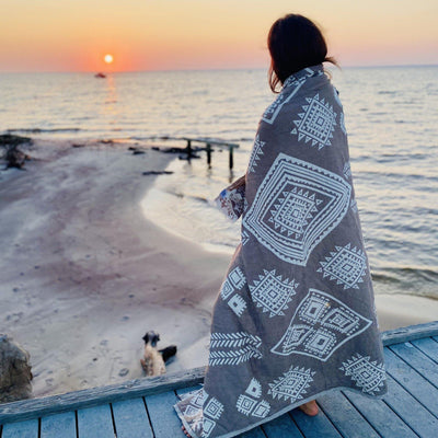 Aiyara Soft Light Grey and Brown Native Pattern Beach Blanket - East Indies 